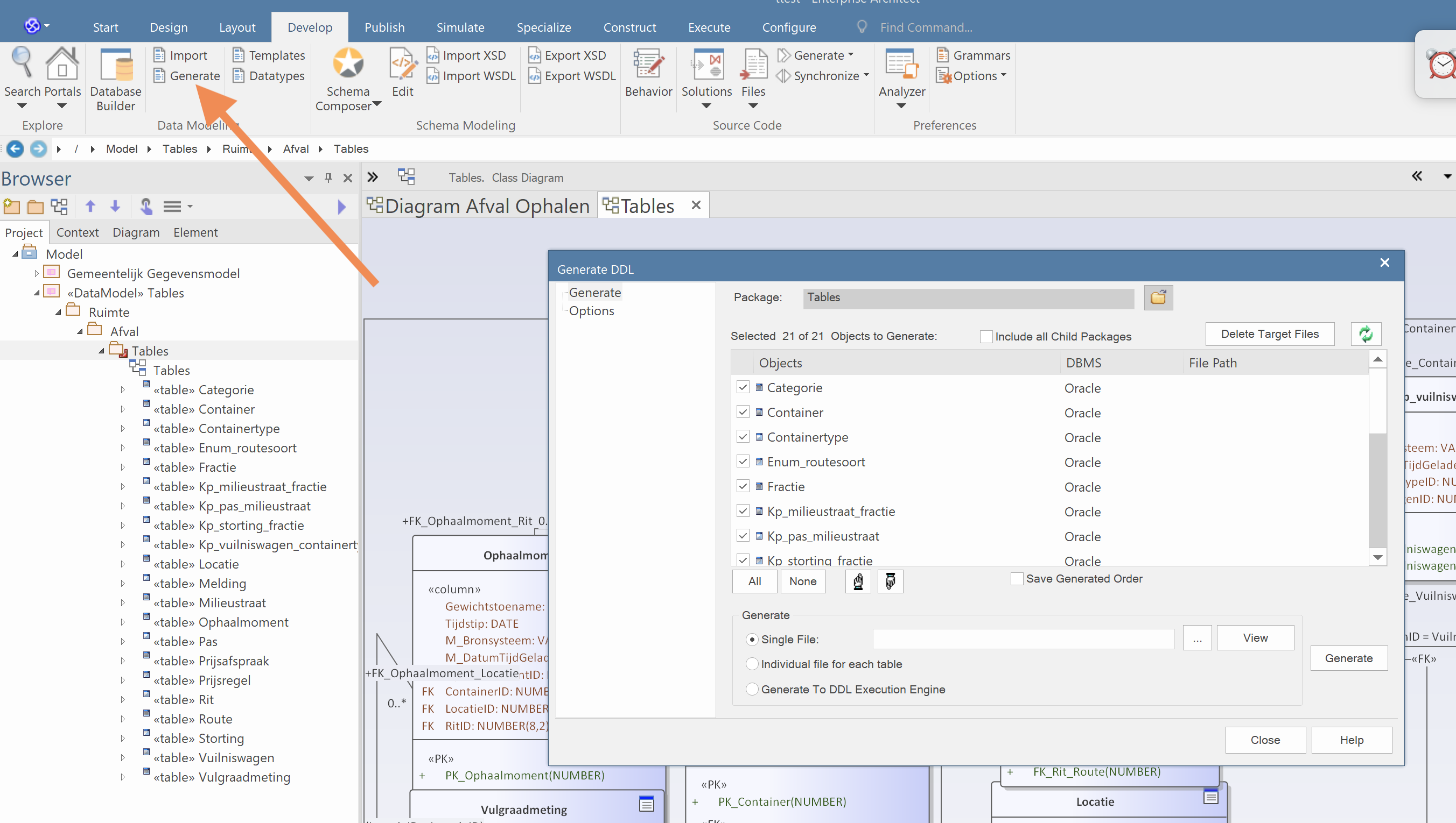 Onder _Develop Datamodelling_ kies _Generate_